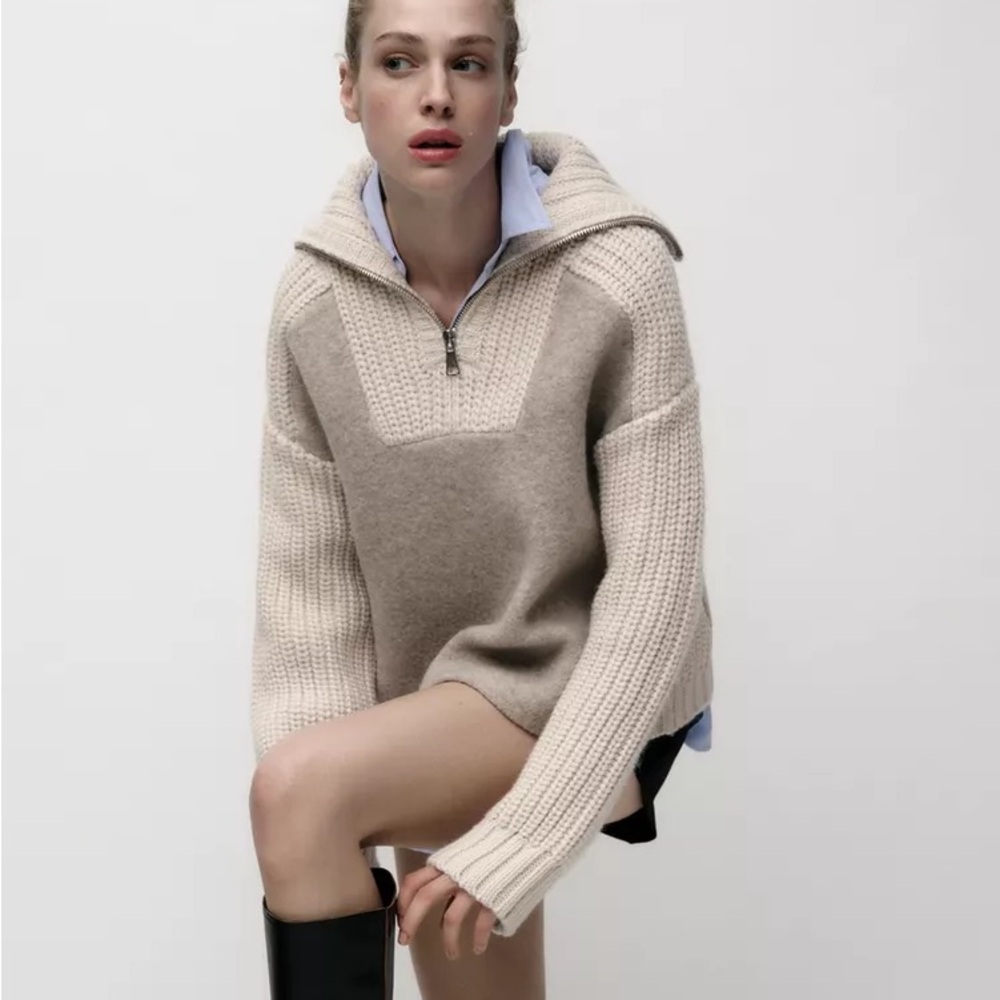 Zara Ecru Wool & Alpaca Blend Knit Zipper Sweater - Picture 3 of 8